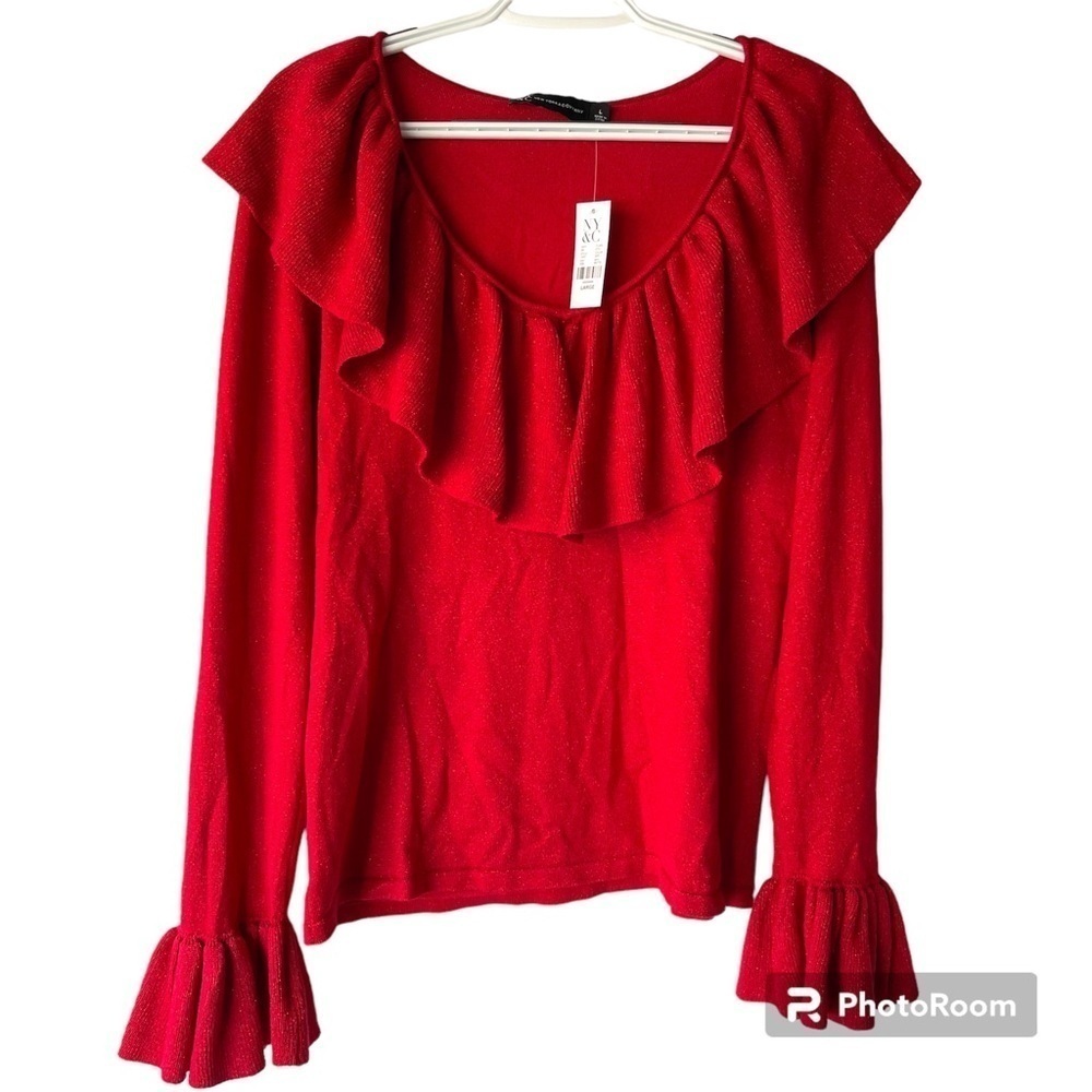 NY&C Women's Red Blouse Sweater Top Ruffled Glitter Sparkly Long Sleeves, Sz L